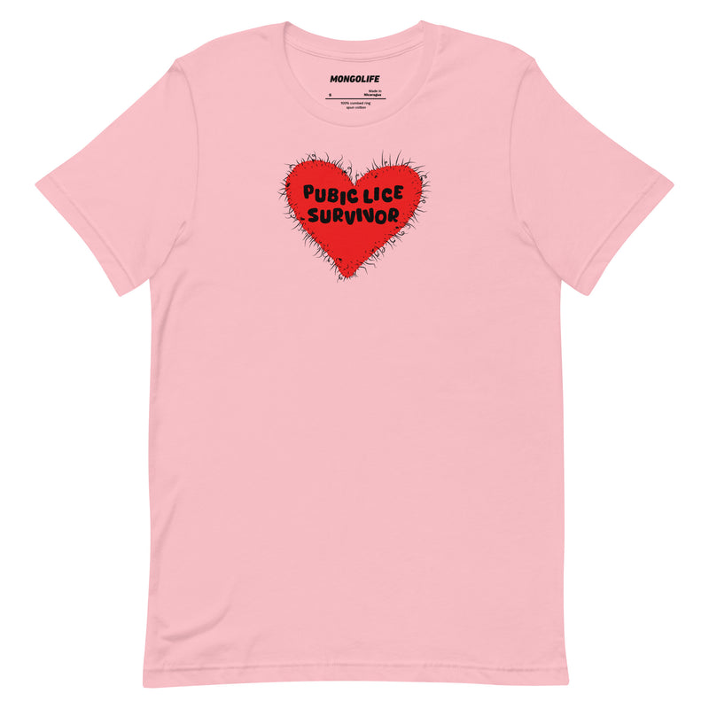 Pink t-shirt with large red heart-shaped design and “Pubic Lice Survivor” text printed on the front.