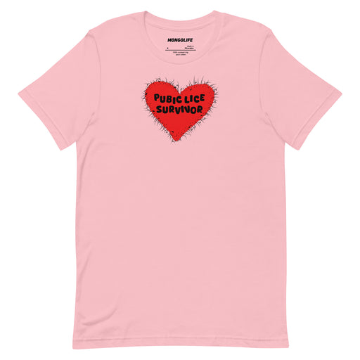 Pink t-shirt with large red heart-shaped design and “Pubic Lice Survivor” text printed on the front.