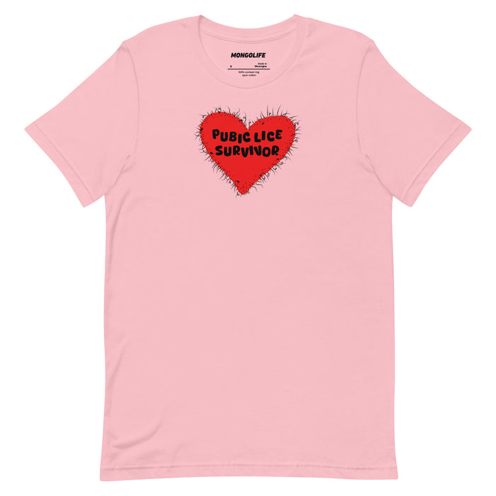 Pink t-shirt with large red heart-shaped design and “Pubic Lice Survivor” text printed on the front.