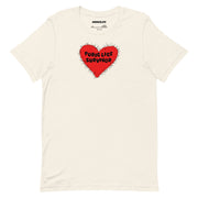 Vintage White t-shirt with a red fuzzy heart graphic and the text “Pubic Lice Survivor” in bold black letters.