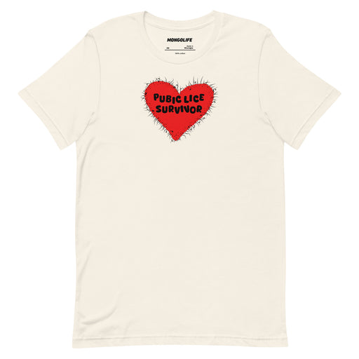 Vintage White t-shirt with a red fuzzy heart graphic and the text “Pubic Lice Survivor” in bold black letters.