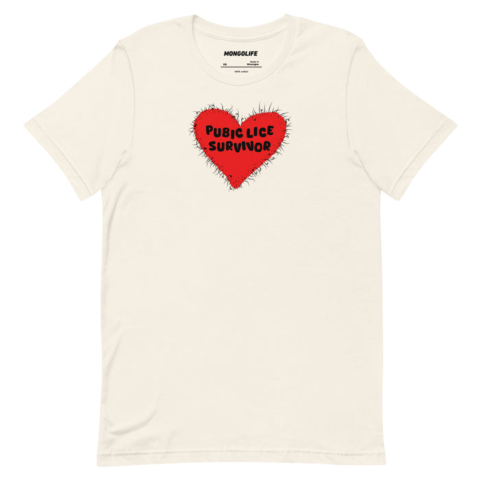 Vintage White t-shirt with a red fuzzy heart graphic and the text “Pubic Lice Survivor” in bold black letters.