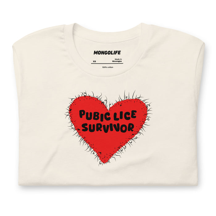 Folded Vintage White t-shirt featuring red heart-shaped pubic lice design with bold black text.