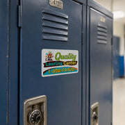 Quality Learing Center 1-800-FRAUD sticker on a blue school locker