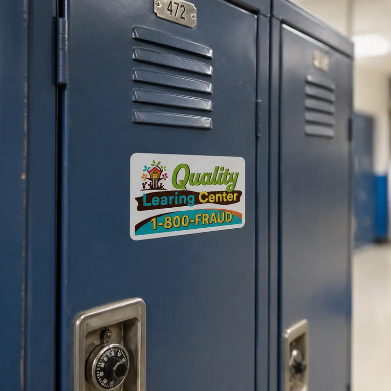 Quality Learing Center 1-800-FRAUD sticker on a blue school locker