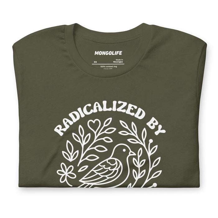 Folded Military Green t-shirt featuring bird and floral artwork with the slogan “Radicalized by Basic Decency” in white print.