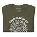 Folded Military Green t-shirt featuring bird and floral artwork with the slogan “Radicalized by Basic Decency” in white print.