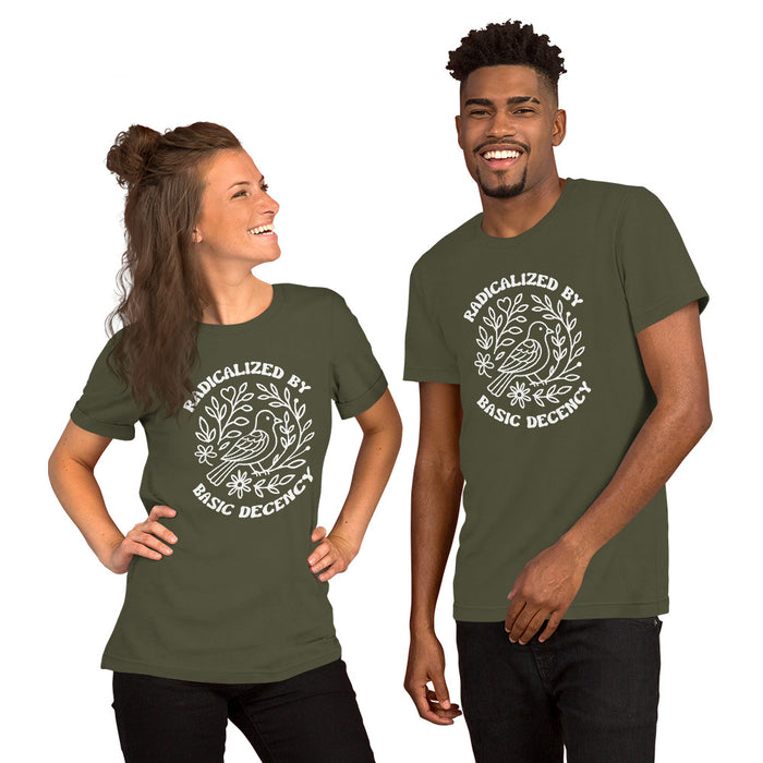 Two models wearing Military Green “Radicalized by Basic Decency” t-shirts, smiling and facing forward to show the design.