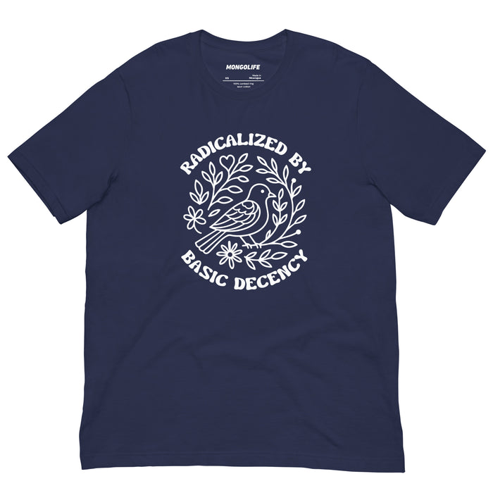 Navy blue t-shirt featuring white bird and floral artwork with the slogan “Radicalized by Basic Decency” printed above and below.