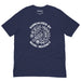 Navy blue t-shirt featuring white bird and floral artwork with the slogan “Radicalized by Basic Decency” printed above and below.