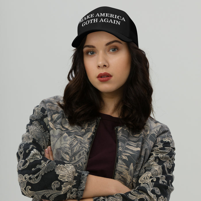 black make america goth again trucker cap white serif embroidery funny goth slogan cap