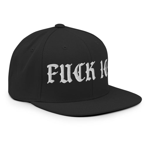 right front side view of black snapback hat with Fuck ICE embroidery