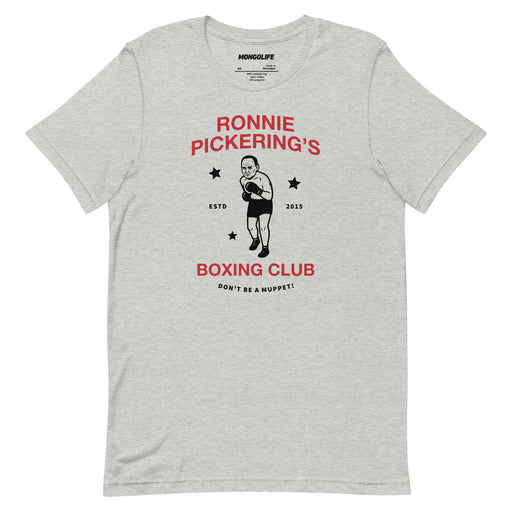 Athletic Heather t-shirt showing the same Ronnie Pickering boxing club design centered.