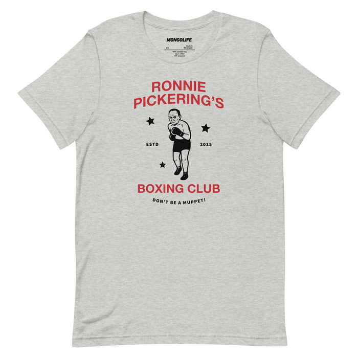 Athletic Heather t-shirt showing the same Ronnie Pickering boxing club design centered.