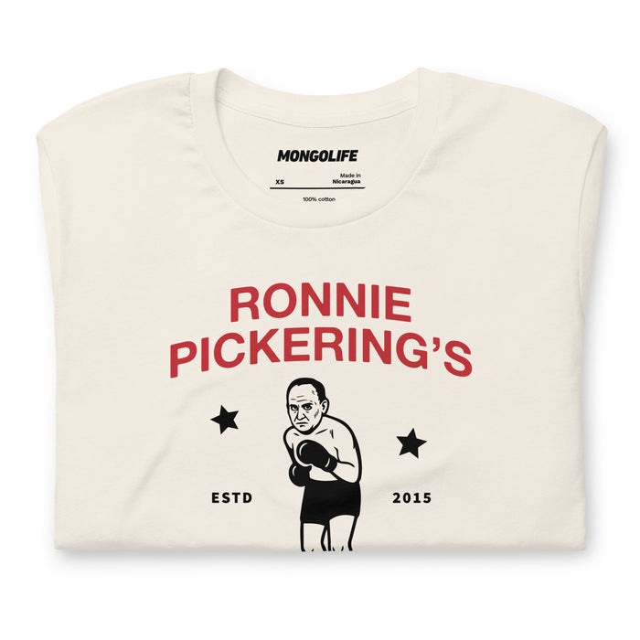 Folded Vintage White tee showing the Ronnie Pickering boxer logo and club branding.