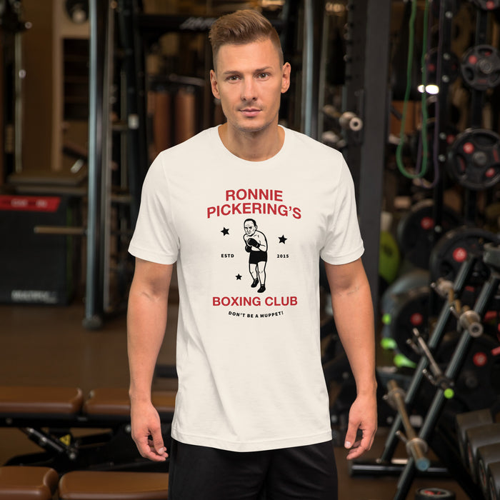 Model wearing the Ronnie Pickering’s Boxing Club shirt in one of the variant colors, showing front graphic.