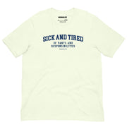 Citron Yellow Sick and Tired T-shirt featuring bold blue lettering for a funny and relatable design.