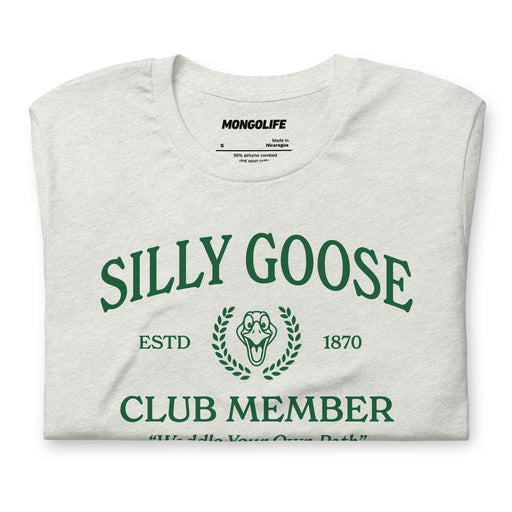 Folded Silly Goose Club T-shirt in ash, highlighting the detailed vintage goose design and bold text.