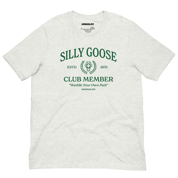 Ash color Silly Goose Club T-shirt featuring a vintage-style design with a laurel wreath and the motto Waddle Your Own Path.