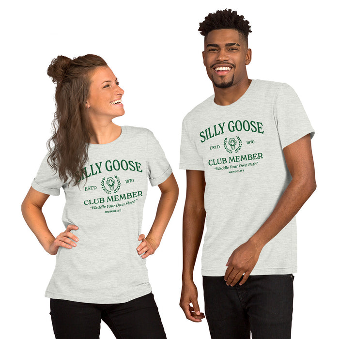 Female and male model together wearing the Silly Goose Club T-shirt in ash, styled casually to show off its playful design