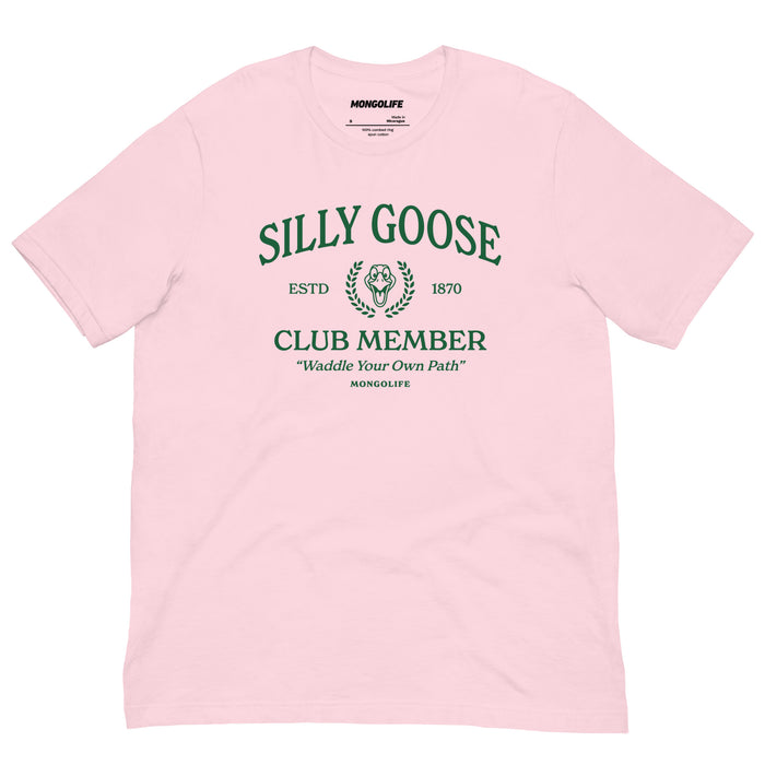 Soft pink Silly Goose Club T-shirt with a playful goose design and bold, vintage-inspired lettering.