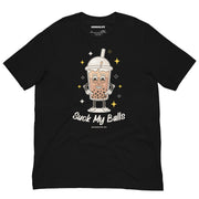 Black t-shirt with a bold and humorous bubble tea design, featuring a smirking boba cup and the phrase "Suck My Balls" in script lettering.