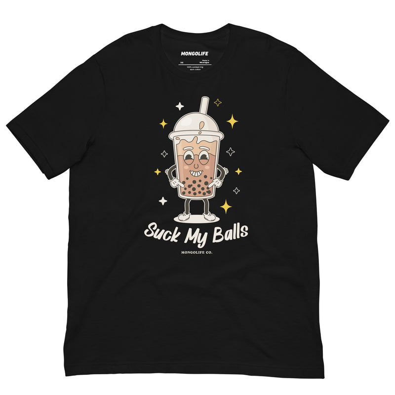 Black t-shirt with a bold and humorous bubble tea design, featuring a smirking boba cup and the phrase "Suck My Balls" in script lettering.