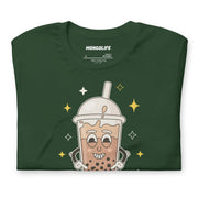 Neatly folded forest green t-shirt showcasing the "Suck My Balls" design with a mischievous bubble tea character and tapioca pearls.