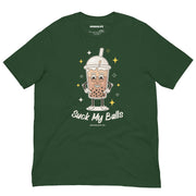 Forest green t-shirt featuring a playful bubble tea cartoon with a cheeky grin and the phrase "Suck My Balls" in bold script font.