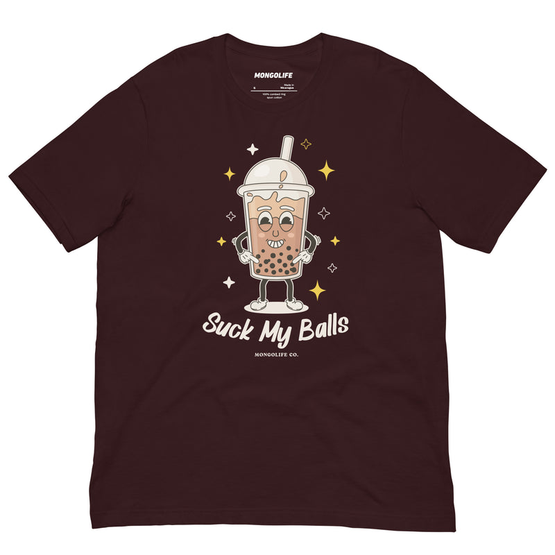 Oxblood black t-shirt featuring a cartoon bubble tea cup with a playful smile and the phrase "Suck My Balls" in a fun, eye-catching font.