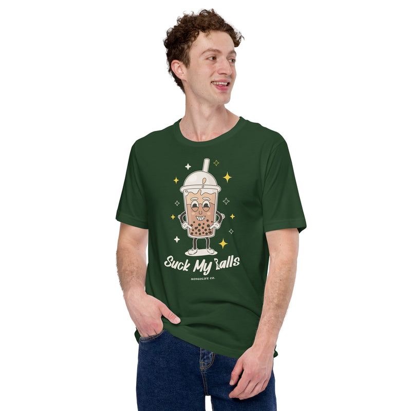 A male model wearing the forest green "Suck My Balls" t-shirt, displaying the humorous boba-themed design with confidence.