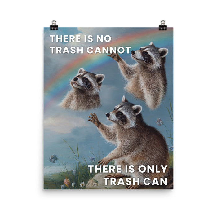 Poster of raccoons under a rainbow with the text "There is no trash cannot, there is only trash can."