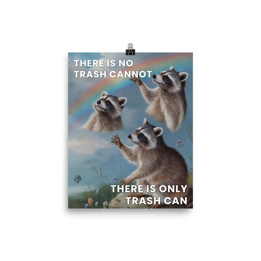 Poster of raccoons under a rainbow with the text "There is no trash cannot, there is only trash can."