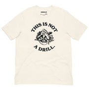 Vintage white t-shirt featuring a detailed circular saw illustration with the phrase "This Is Not A Drill" in bold, classic lettering.