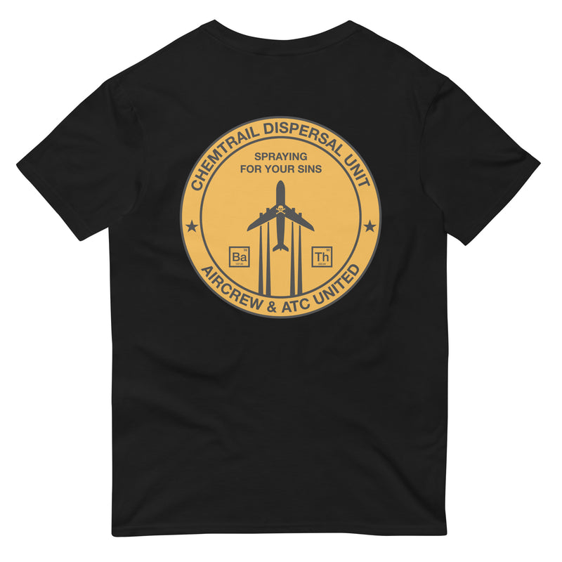 black t-shirt with "Chemtrail Dispersal Unit" design, funny, parody (back)