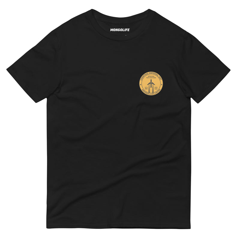 black t-shirt with "Chemtrail Dispersal Unit" design, funny, parody (front)