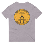 heather grey t-shirt with "Chemtrail Dispersal Unit" design, funny, parody (back)