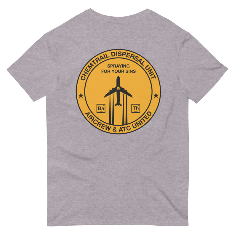 heather grey t-shirt with "Chemtrail Dispersal Unit" design, funny, parody (back)