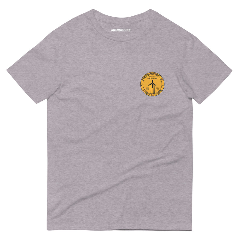 heather grey t-shirt with "Chemtrail Dispersal Unit" design, funny, parody (front)
