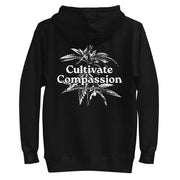 black hoodie with "Cultivate Compassion" design, weed (back)