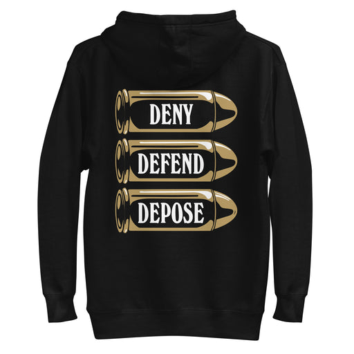 Back view of the 'Deny Defend Depose' hoodie in black, featuring a bold graphic of engraved bullets with powerful text.