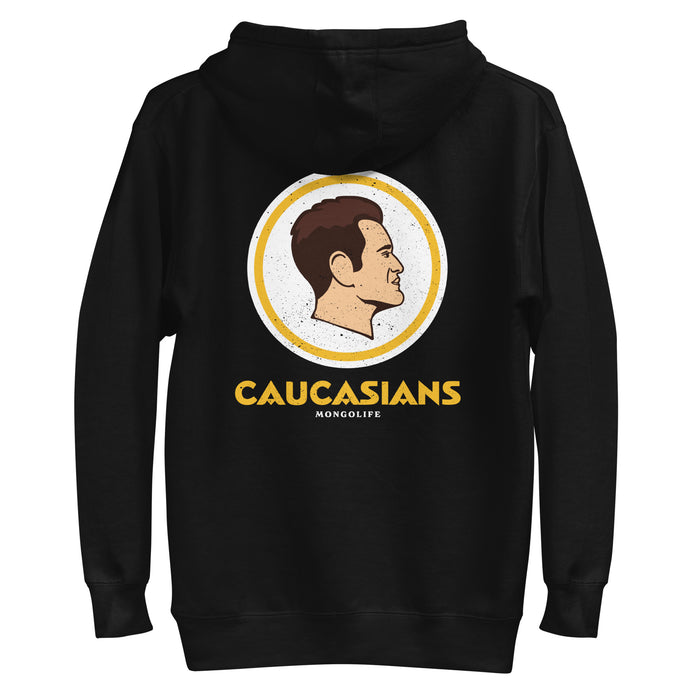 Black Caucasians hoodie highlighting the bold satirical sports logo on the back in vibrant detail.