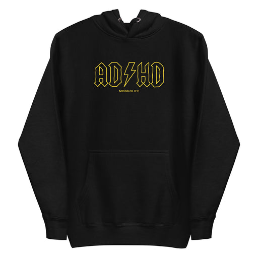 black ADHD hoodie inspired by a rock band logo.