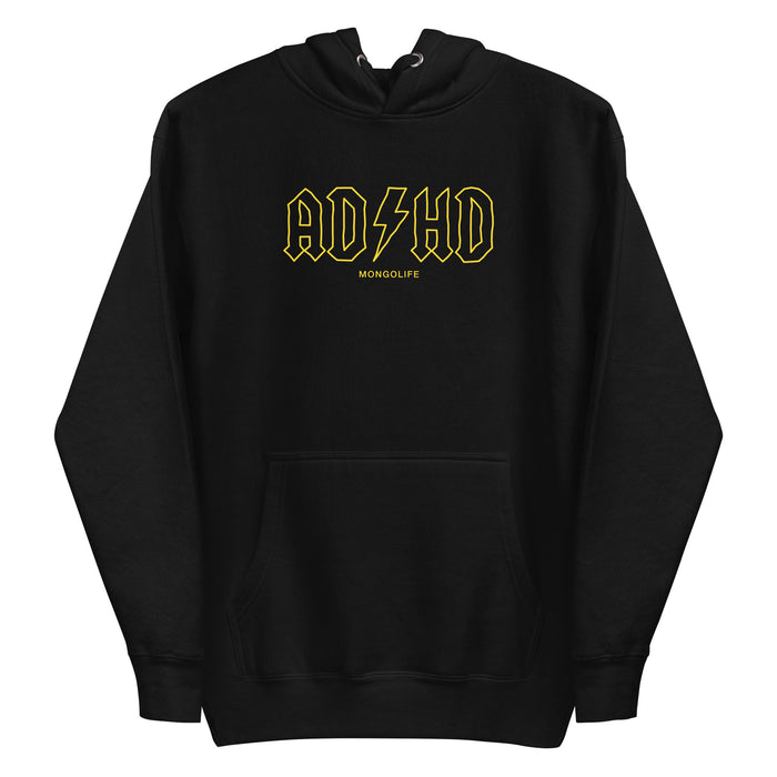 black ADHD hoodie inspired by a rock band logo.