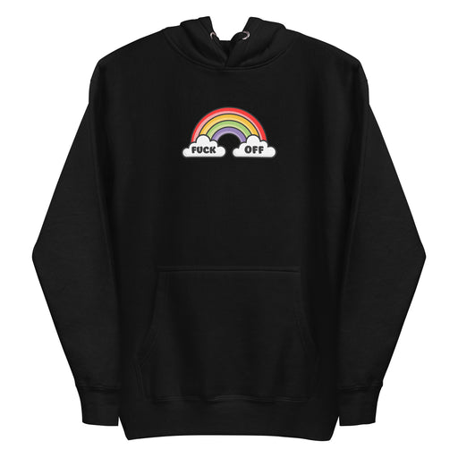 black hoodie with vibrant rainbow graphic and 'F*ck Off' text, expressing bold attitude.