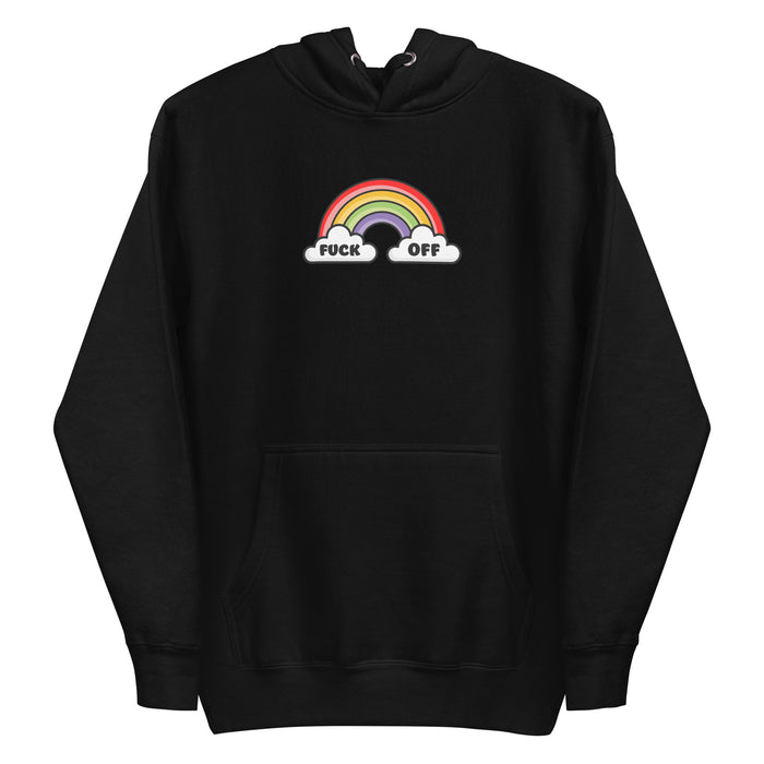 black hoodie with vibrant rainbow graphic and 'F*ck Off' text, expressing bold attitude.