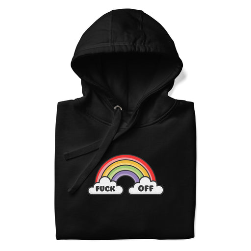 folded black  hoodie with vibrant rainbow graphic and 'F*ck Off' text, expressing bold attitude.