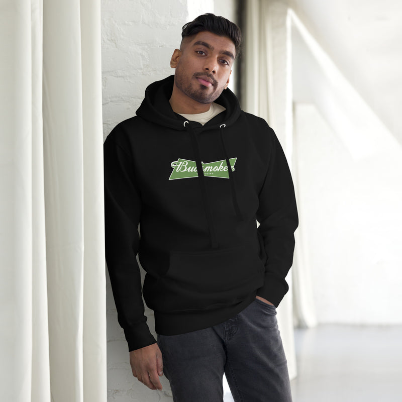 man wearing black hoodie with Budsmoker parody logo, combining beer and cannabis culture humor