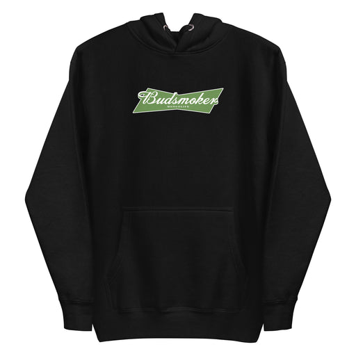 black hoodie with Budsmoker parody logo, combining beer and cannabis culture humor