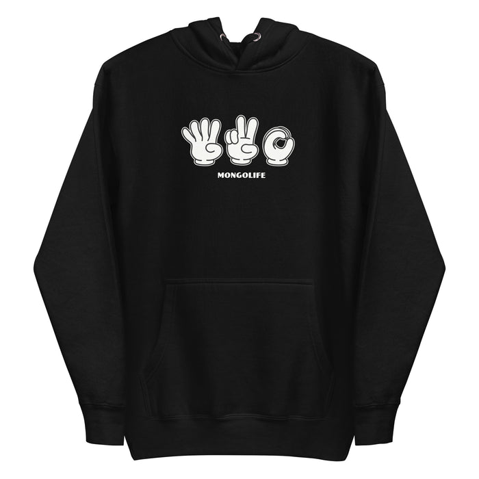 Black hoodie with sign language symbols for 420 in cartoon style on the front.